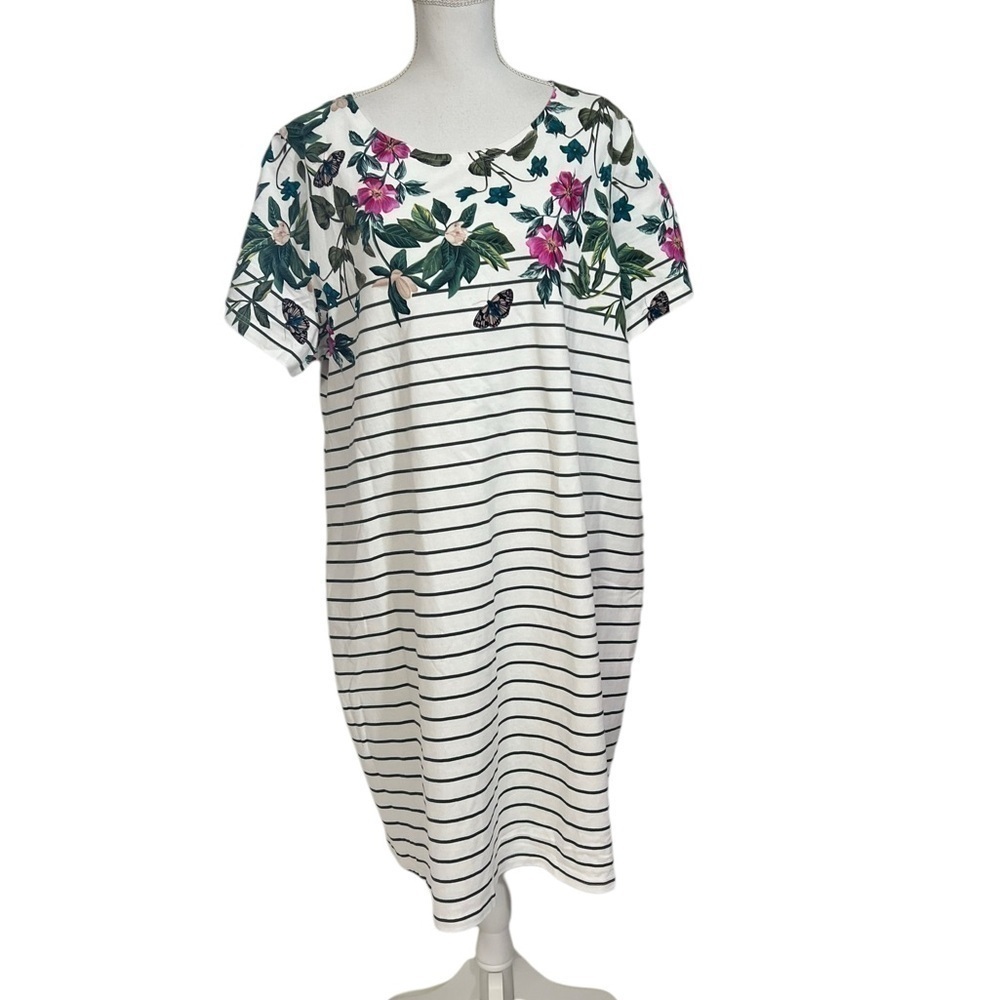 JOULES Riviera Print Botanical Dress UK 26 US 22 Cream Floral Stripe